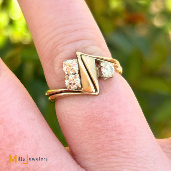 14K Yellow Gold 0.41ctw Round Brilliant Diamond Zig Zag Puzzle Ring Set Size 5