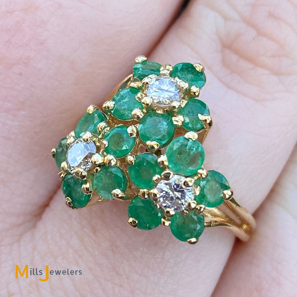14K Yellow Gold 1.50cts Emerald 0.42cts Diamond Flower Cluster Ring Size 6
