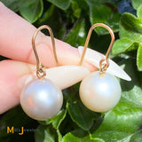 14K Yellow Gold South Sea Pearl Fish Hook Dangle/Drop Earrings