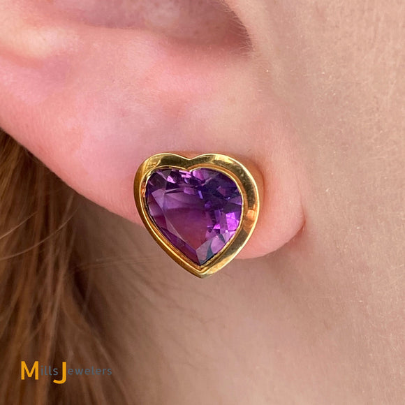 14K Yellow Gold 4ctw Heart Cut Amethyst Solitaire Earrings