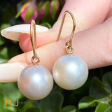 14K Yellow Gold South Sea Pearl Fish Hook Dangle/Drop Earrings