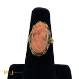 14K Yellow Gold Victorian-Style Pink Coral Cameo Ring Size 5.25