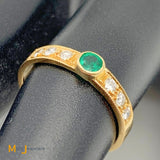 18K Yellow Gold Emerald 0.145ctw Diamond 0.09ctw Band Ring Size 6.25