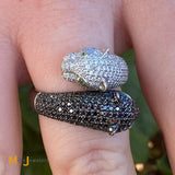 18K White Gold 1.71ctw Black White Diamond Emerald Leopard Bypass Ring Size 7