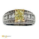 18K Two-Tone White and Yellow Gold GIA Certified 1.59ct Rectangular-Modified Brilliant Fancy Yellow Diamond Ring Size 7