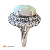 Vintage 18K White Gold Australian Fire Opal Double Diamond Halo Cocktail Ring Size 5.25