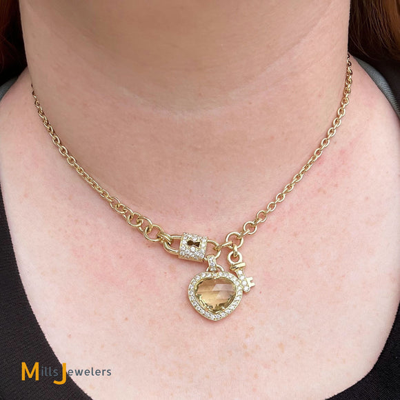 18K Yellow Gold 6.34ct Cushion Cut Green Citrine and 1.38ctw Diamond Heart Lock and Key Charm Necklace 16