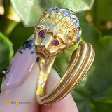 18K Yellow Gold Lion Head 0.30cts Sapphire 0.12cts Diamond Bypass Ring Size 8.5