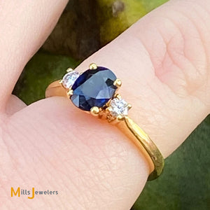 18K Yellow Gold 0.55ct Blue Sapphire 0.12cts Diamond Ring Size 4