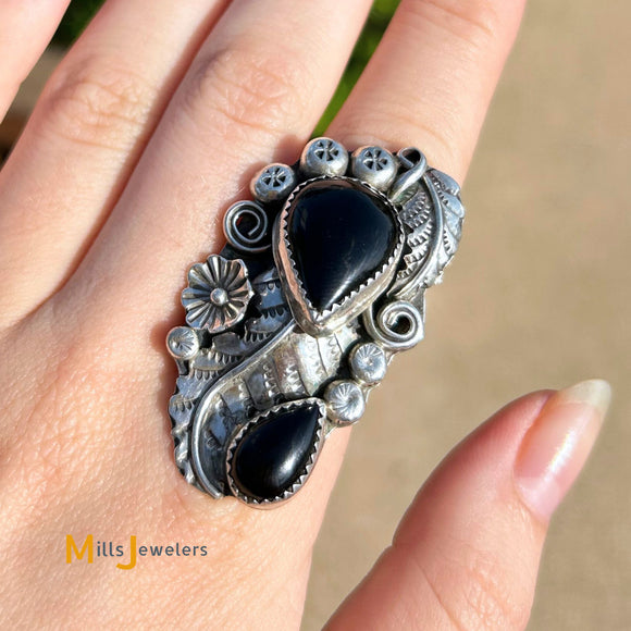 Large Double Pear 8.74ctw Black Onyx 925 Sterling Silver Ring Size 7