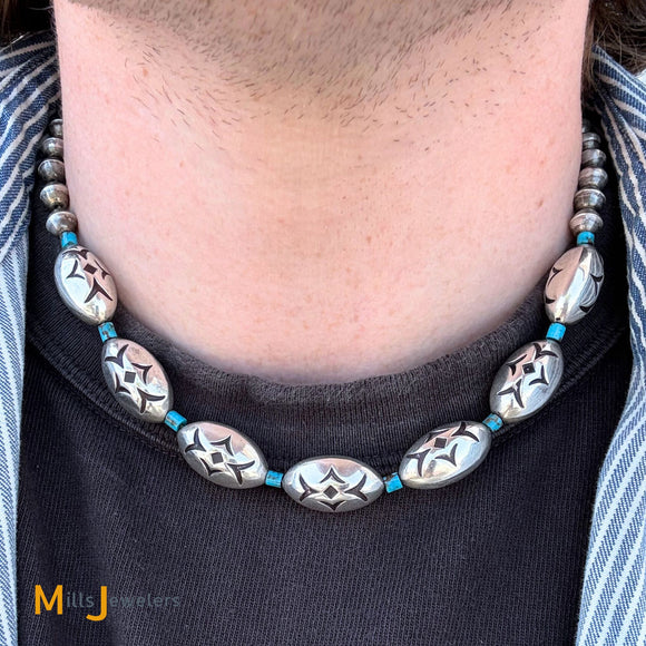 Sterling Silver 925 Barrel Turquoise Bead Necklace 18