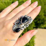 Large Double Pear 8.74ctw Black Onyx 925 Sterling Silver Ring Size 7