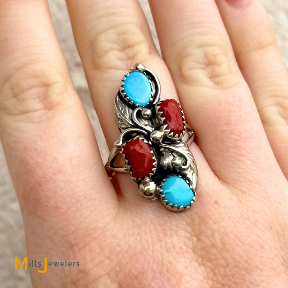 Annie Chapo Navajo Sterling Silver 925 Turquoise & Coral Ring Size 9