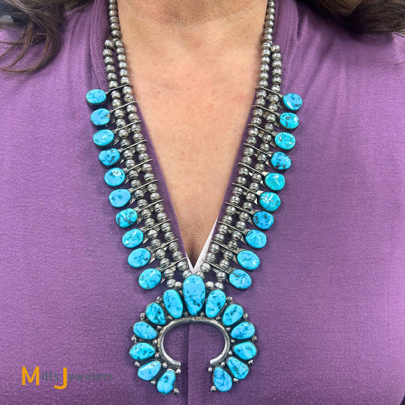 Sterling Silver 925 Turquoise Squash Blossom Necklace 25
