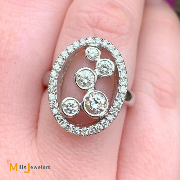 14K White Gold Asymmetrical 1.13ctw Diamond Bezel Set Halo Cocktail Ring Size 6.75