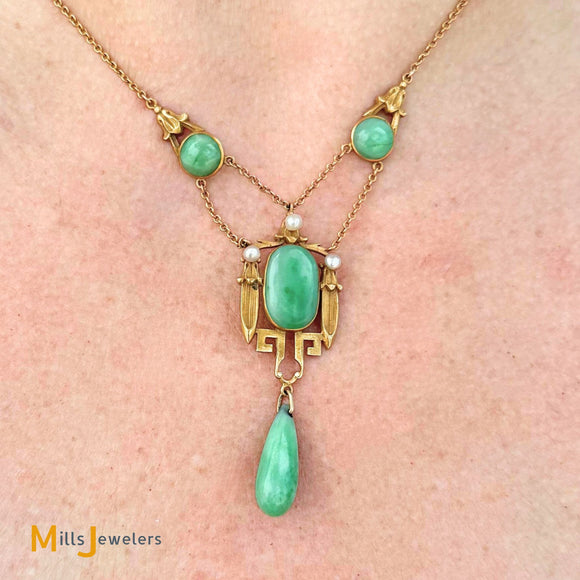 Antique Art Nouveau 14K Yellow Gold Jade and Pearl Dangle Necklace 16
