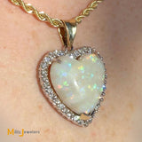 14K Two-tone Gold 20.37ct Australian Fire Opal and 1.08ctw Diamond Heart Pendant