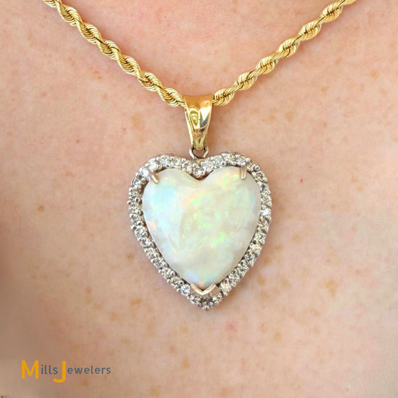 14K Two-tone Gold 20.37ct Australian Fire Opal and 1.08ctw Diamond Heart Pendant