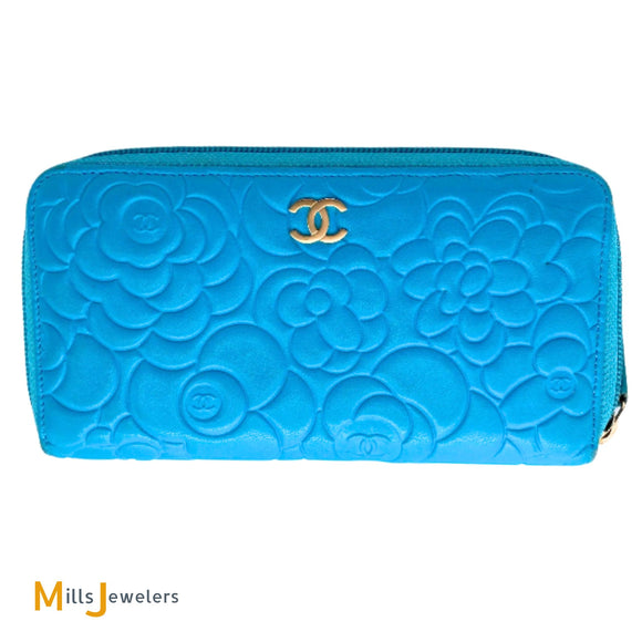 Chanel Camellia Embossed Blue Lambskin Continental Wallet