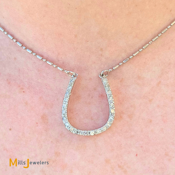 14K White Gold 0.22ctw Diamond Horseshoe Stationary Pendant Necklace