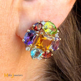 14k Yellow Gold Multicolor Gemstone and 0.15ctw Diamond Cluster Earrings