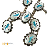 Vintage Signed R Sterling Silver 925 Turquoise and Mother of Pearl Inlay Bluebird Squash Blossom Necklace 25"