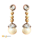 Signed 18K Two-tone Gold Pearl and 0.04ctw Diamond Post Dangle Earrings