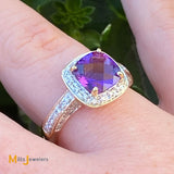 14K Yellow Gold 2.09ct Amethyst 0.42cts Diamond Halo Cocktail Ring Size 7