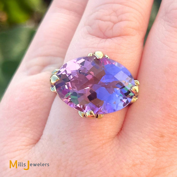10K Yellow Gold Oval Briolette 11.80ctw Amethyst East West Cocktail Ring Size 7.25