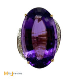 14K Two-Tone Yellow and White Gold Oval-Shaped 29ct Amethyst and 0.36ctw Diamond Cocktail Ring Size 8.25
