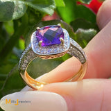 14K Yellow Gold 2.09ct Amethyst 0.42cts Diamond Halo Cocktail Ring Size 7