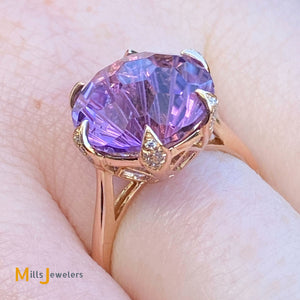 18K Rose Gold 7.96ct Round Amethyst 0.06cts Diamond Cocktail Ring Size 6.75