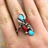 Annie Chapo Navajo Sterling Silver 925 Turquoise & Coral Ring Size 9