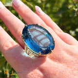 14K Yellow Gold 88.5ct Oval Blue Topaz Solitaire Cocktail Statement Ring Size 8.75