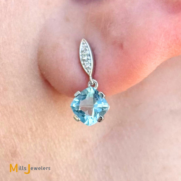 14K White Gold 1.3ctw Aquamarine and 0.04ctw Diamond Dangle Earrings
