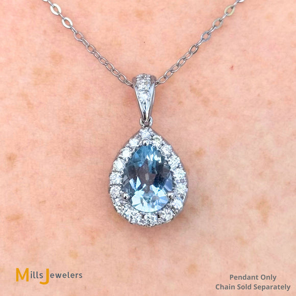 14K White Gold 1.50ct Pear Cut Aquamarine and 0.04ctw Diamond Dangle Pendant