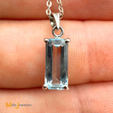 18K White Gold 1ct Emerald Cut Aquamarine Dangle Pendant and Necklace