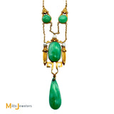 Antique Art Nouveau 14K Yellow Gold Jade and Pearl Dangle Necklace 16"