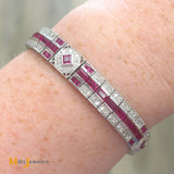 Antique 18K White Gold 1.92ctw Diamond and 15.84ctw Ruby Art Deco Link Bracelet 6.5"