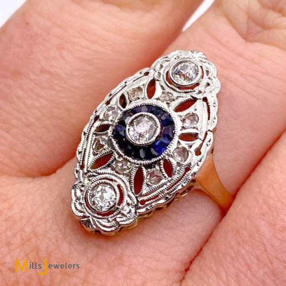 Vintage 14K Yellow Gold Platinum 0.42cts Diamond 0.11cts Sapphire Ring Size 9.5