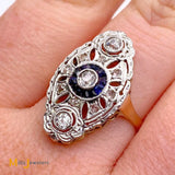Vintage 14K Yellow Gold Platinum 0.42cts Diamond 0.11cts Sapphire Ring Size 9.5