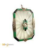 Vintage Art Deco 14k White Gold 0.02ct Diamond, Rock Crystal, and Enamel Pendant