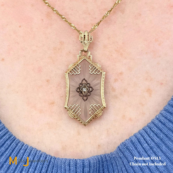 Vintage Art Deco 14k Yellow Gold Diamond Rock Crystal Pendant