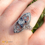 Vintage 18K White Gold Synthetic Blue Sapphire and 0.09ctw Diamond Art Deco Ring Size 6.5