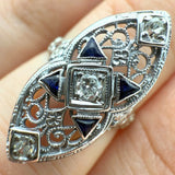 Vintage 18K White Gold Synthetic Blue Sapphire and 0.09ctw Diamond Art Deco Ring Size 6.5
