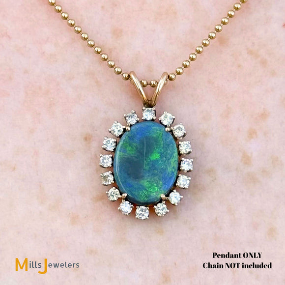 14K Yellow Gold 1.17ct Australian Fire Opal and Diamond Oval Pendant