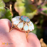 Vintage Signed 18K Yellow Gold Doublet Opal and Australian Fire Opal Cluster Cocktail Ring Size 6.75