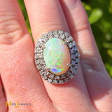 Vintage 18K White Gold Australian Fire Opal Double Diamond Halo Cocktail Ring Size 5.25