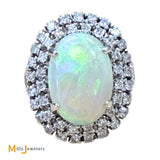 Vintage 18K White Gold Australian Fire Opal Double Diamond Halo Cocktail Ring Size 5.25