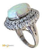 Vintage 18K White Gold Australian Fire Opal Double Diamond Halo Cocktail Ring Size 5.25